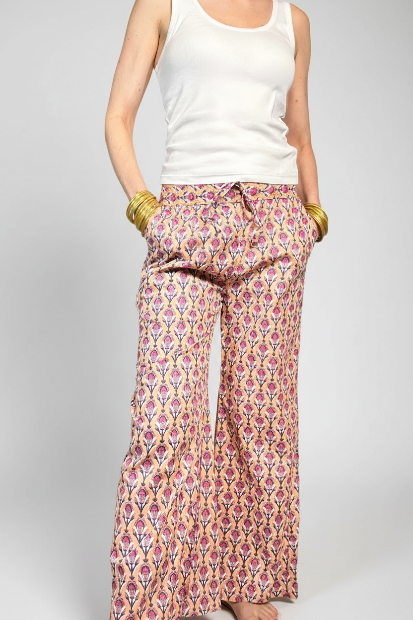 GOLDEN GARDEN - Pantaloni Palazzo 100% Cotone Stampati Block print