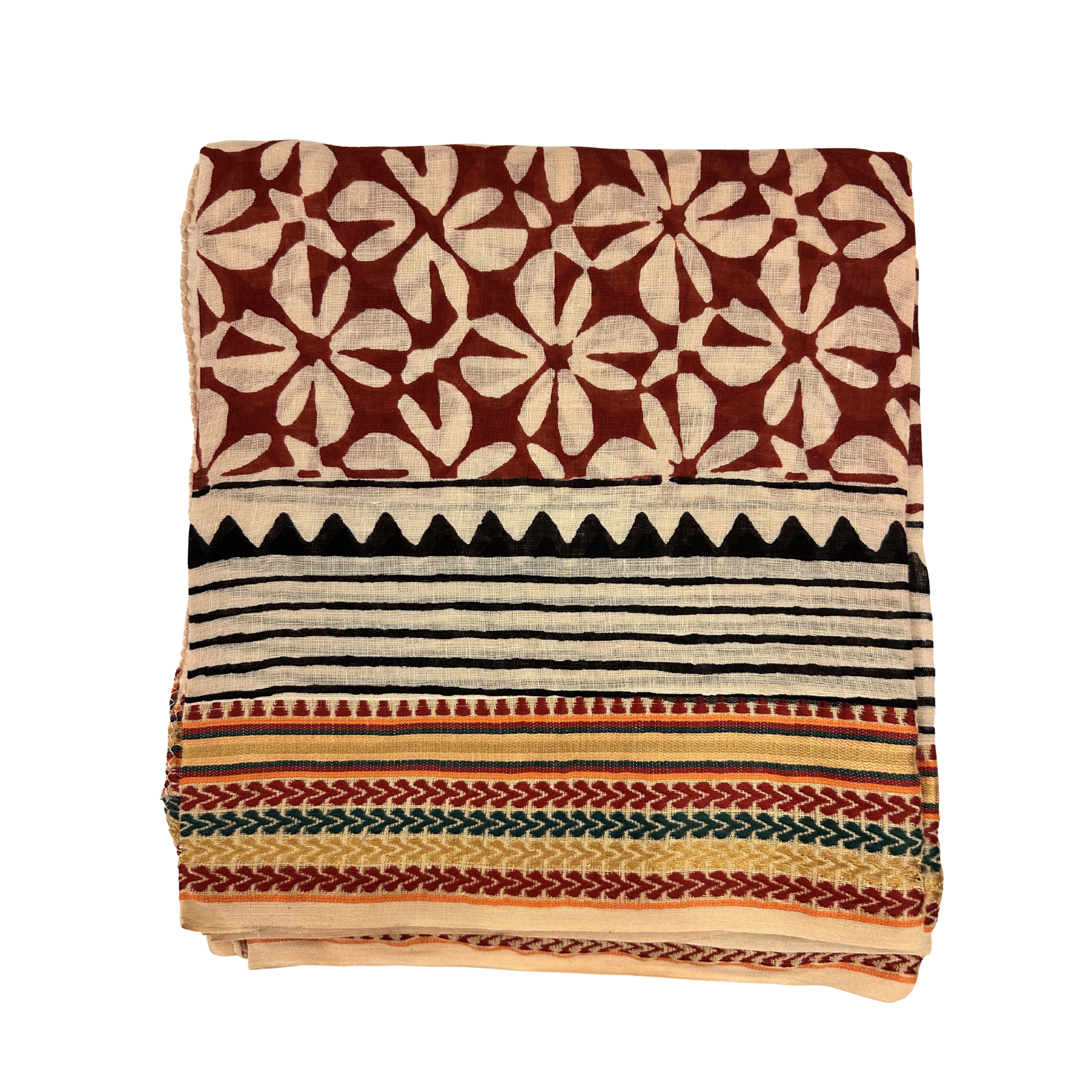 Pareo Sarong Artigianale – Block Print Geometrico con Bordo Zari | 110 × 170 cm - variante 225 -