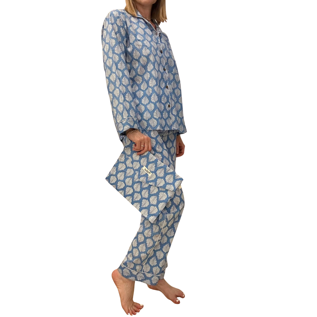 Jaipur Set – Completo 3 Pezzi in Cotone Block Print - foglie azzurre -