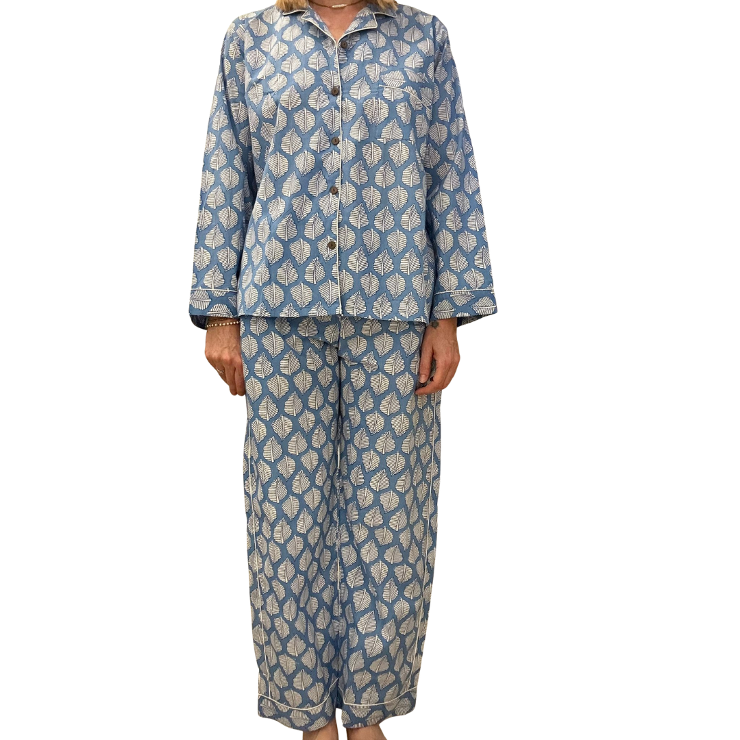 Jaipur Set – Completo 3 Pezzi in Cotone Block Print - foglie azzurre -