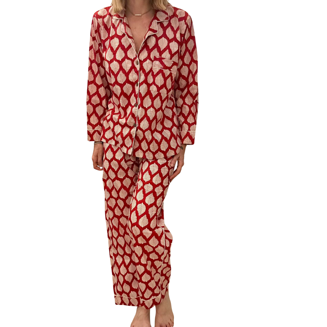 Jaipur Set – Completo 3 Pezzi in Cotone Block Print - foglie rosse .