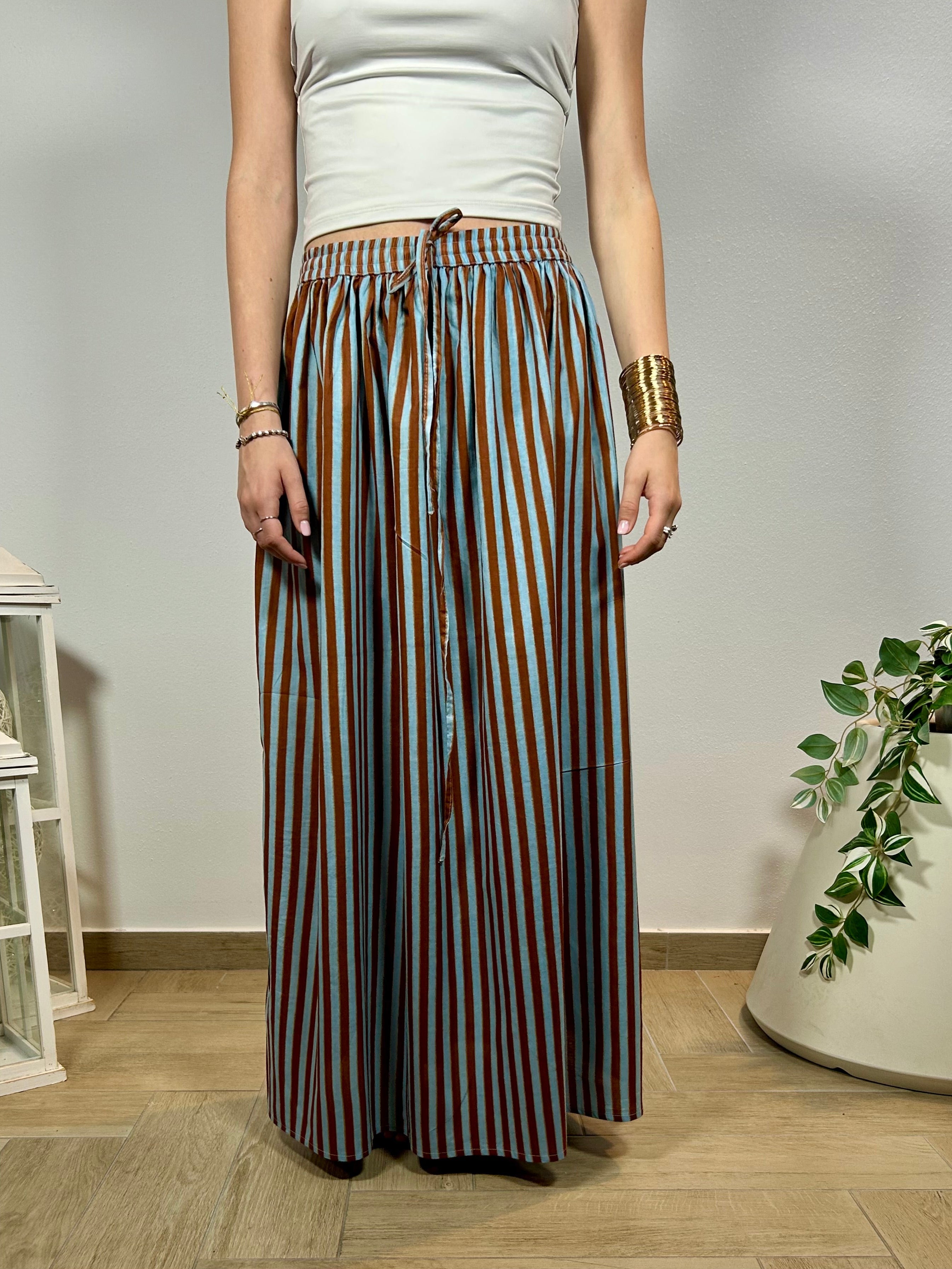 CANDY CHOCO - Gonna in 100% cotone Block Print Azzurro Marrone