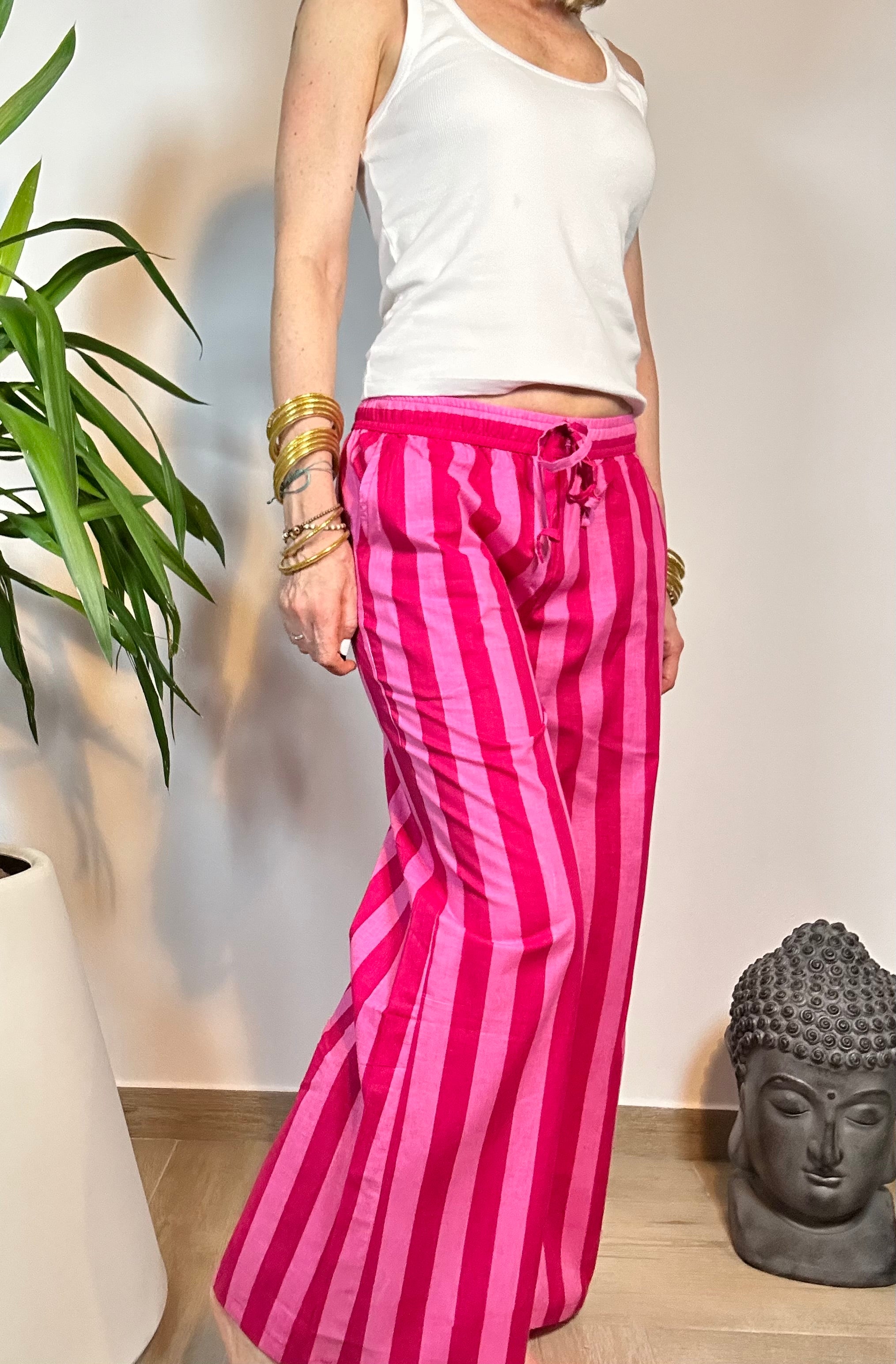 CANDY STRIPES - Pantaloni Palazzo 100% Cotone Stampati Block print