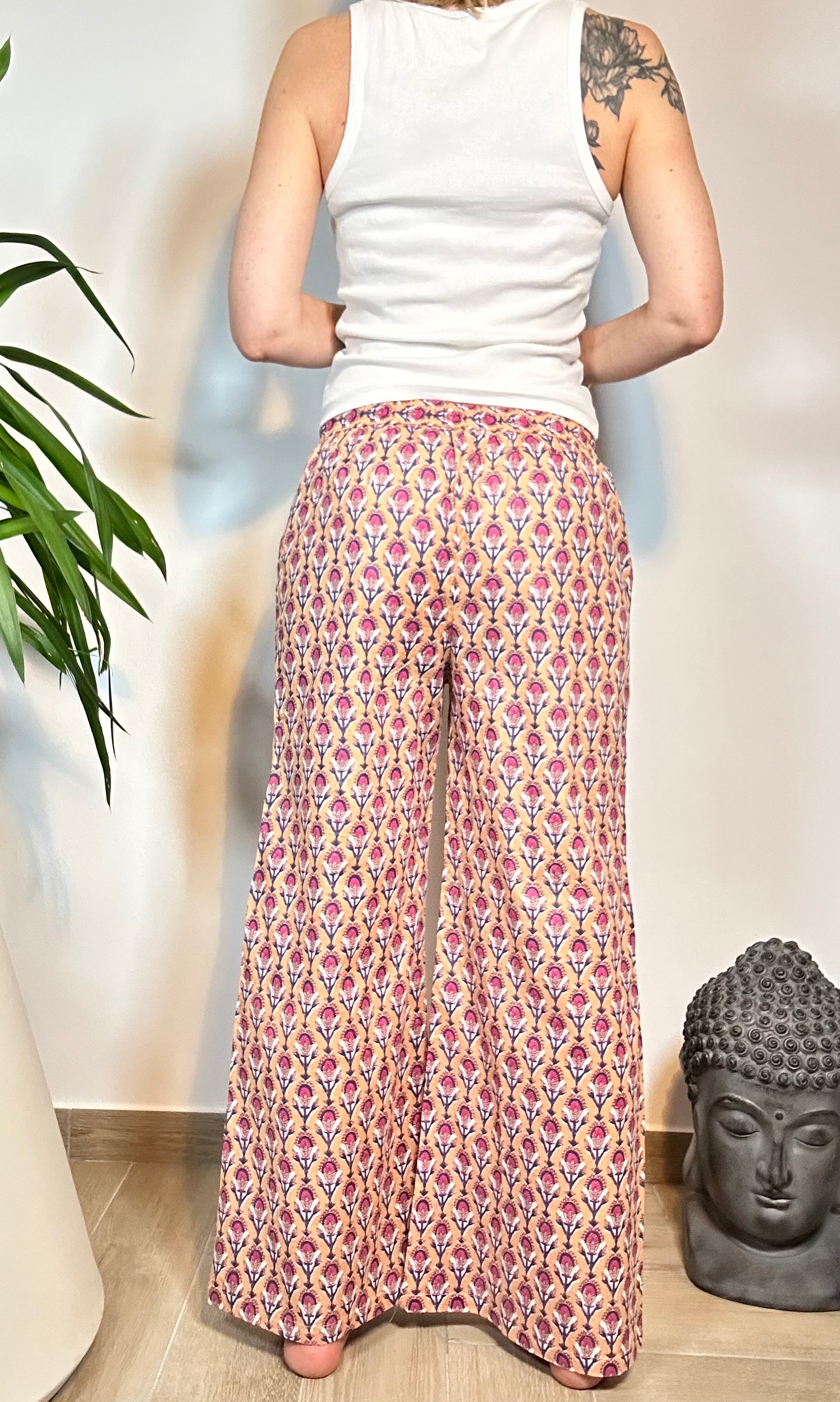 GOLDEN GARDEN - Pantaloni Palazzo 100% Cotone Stampati Block print