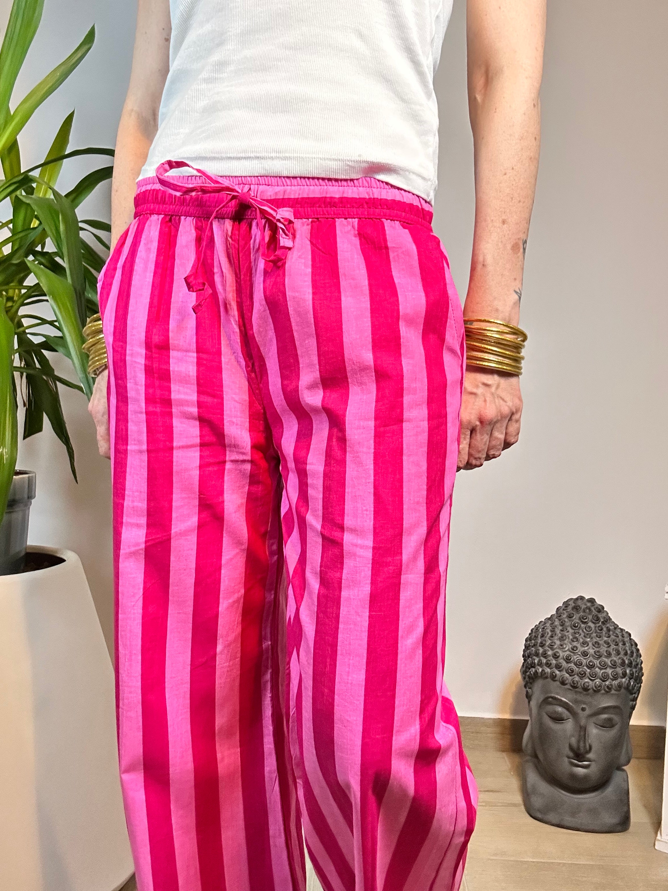 CANDY STRIPES - Pantaloni Palazzo 100% Cotone Stampati Block print