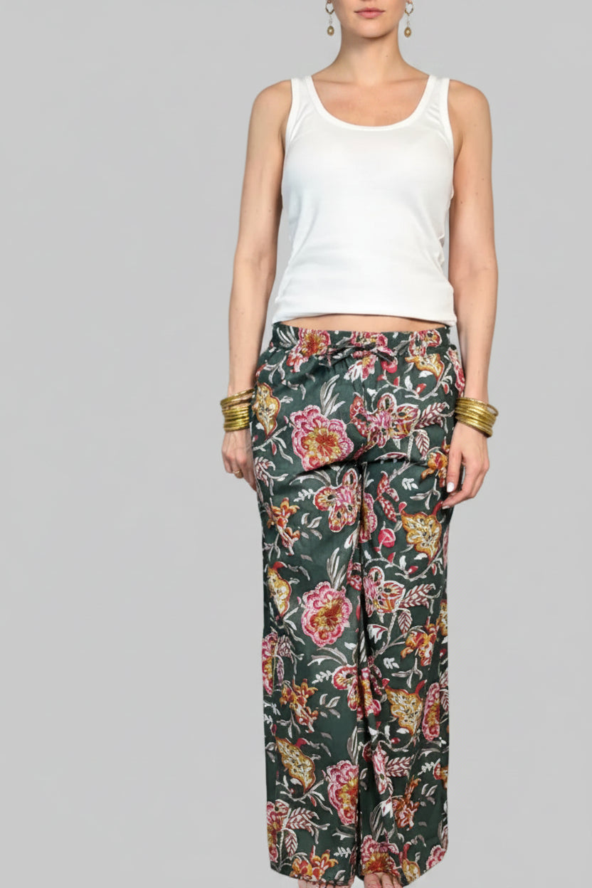 MIDNIGHT GARDEN - Pantaloni Palazzo 100% Cotone Stampati Block print