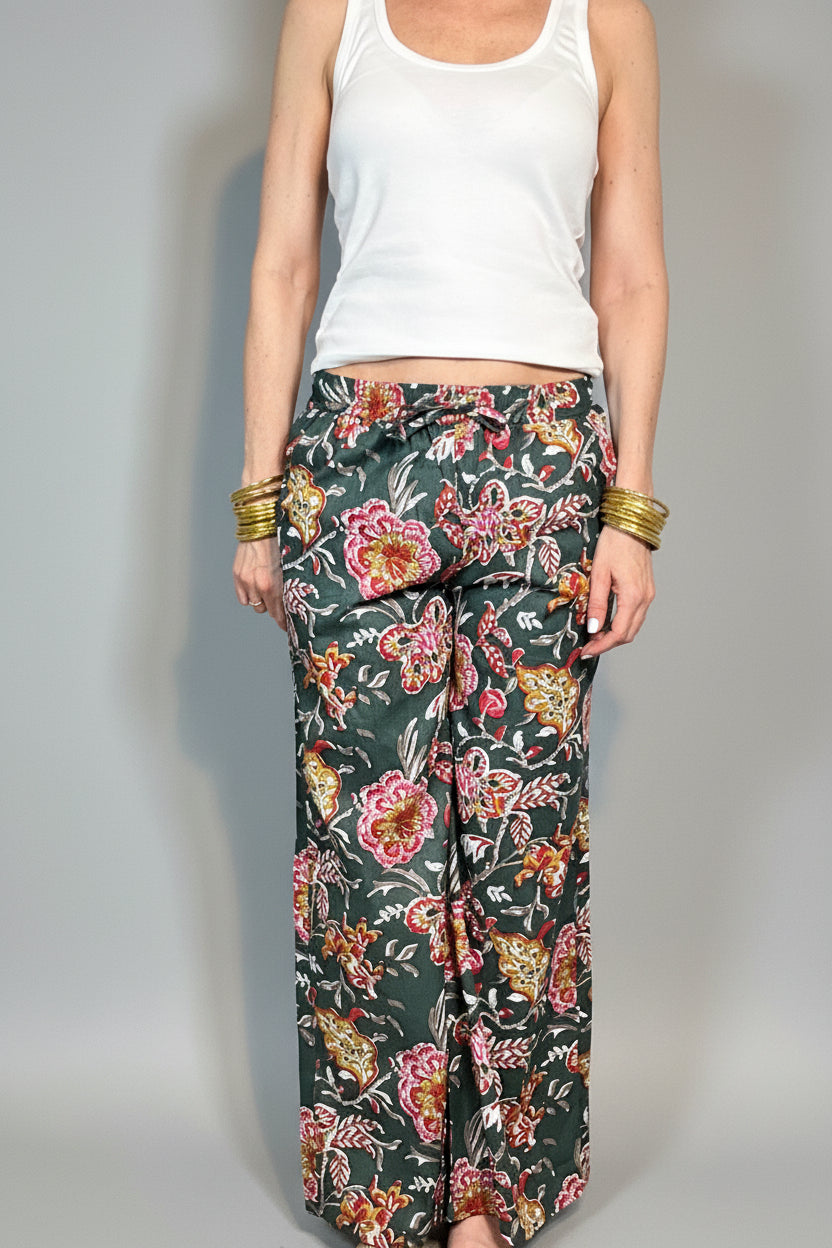 MIDNIGHT GARDEN - Pantaloni Palazzo 100% Cotone Stampati Block print