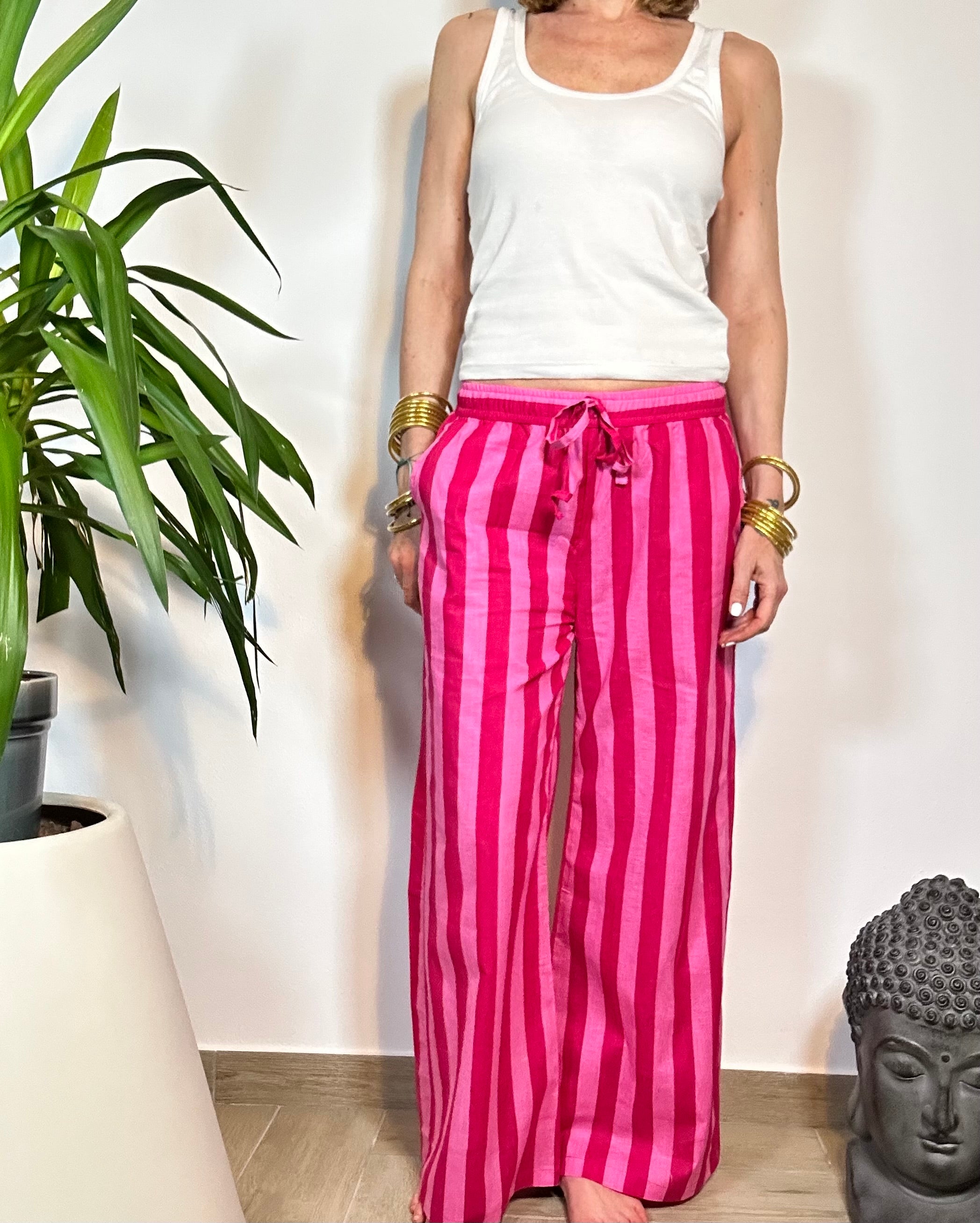 CANDY STRIPES - Pantaloni Palazzo 100% Cotone Stampati Block print