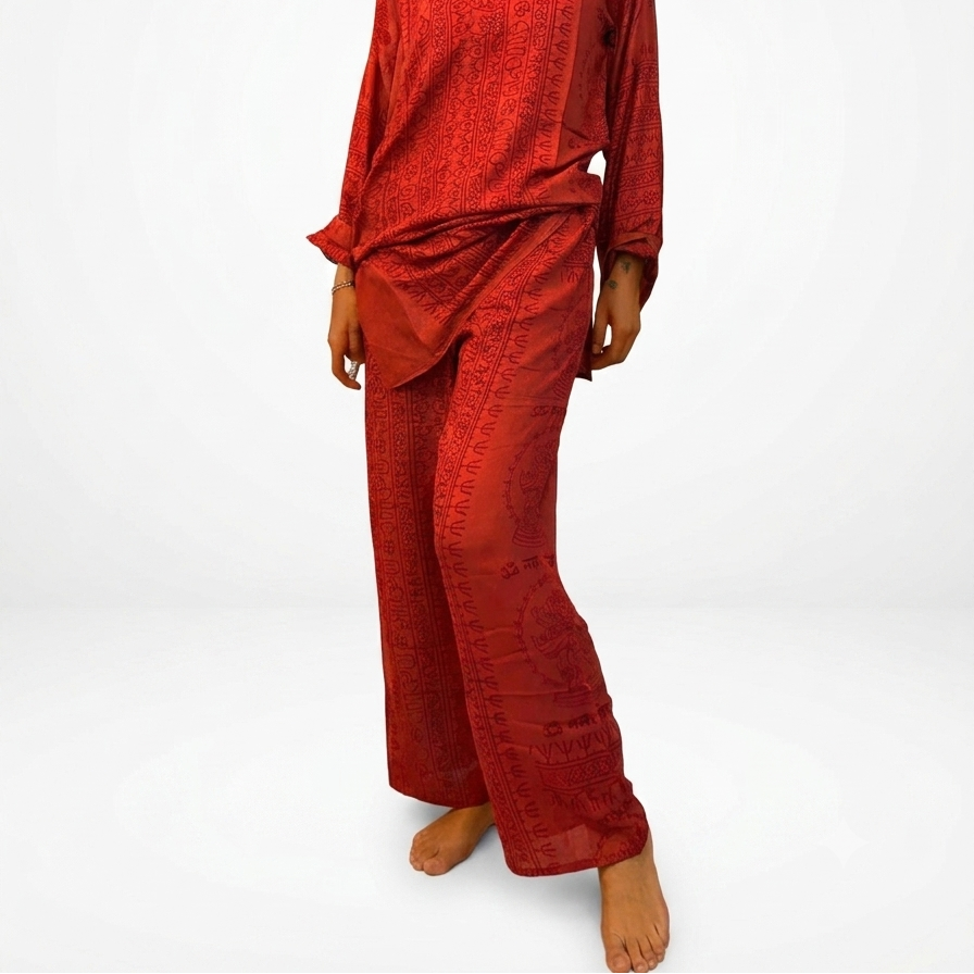 Pantalone Ibiza - Pantalone Donna in Rayon con Stampa Block Print Indiana – Taglia Unica Bordeaux