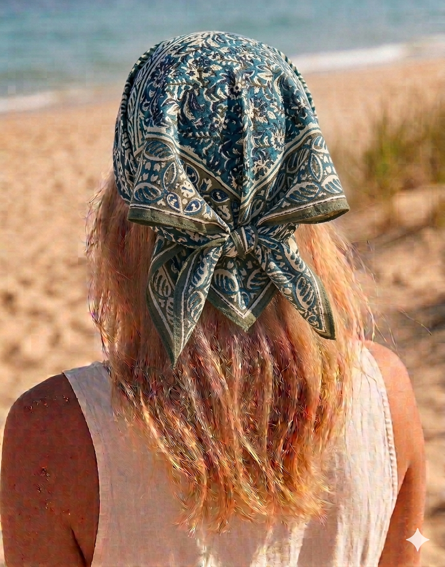 Sienna - Bandana in mussola di cotone 100% Block Print - variante ottanio verde