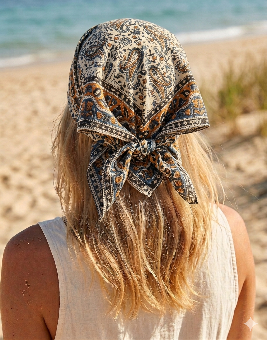 Sienna - Bandana in mussola di cotone 100% Block Print - variante arancio blu