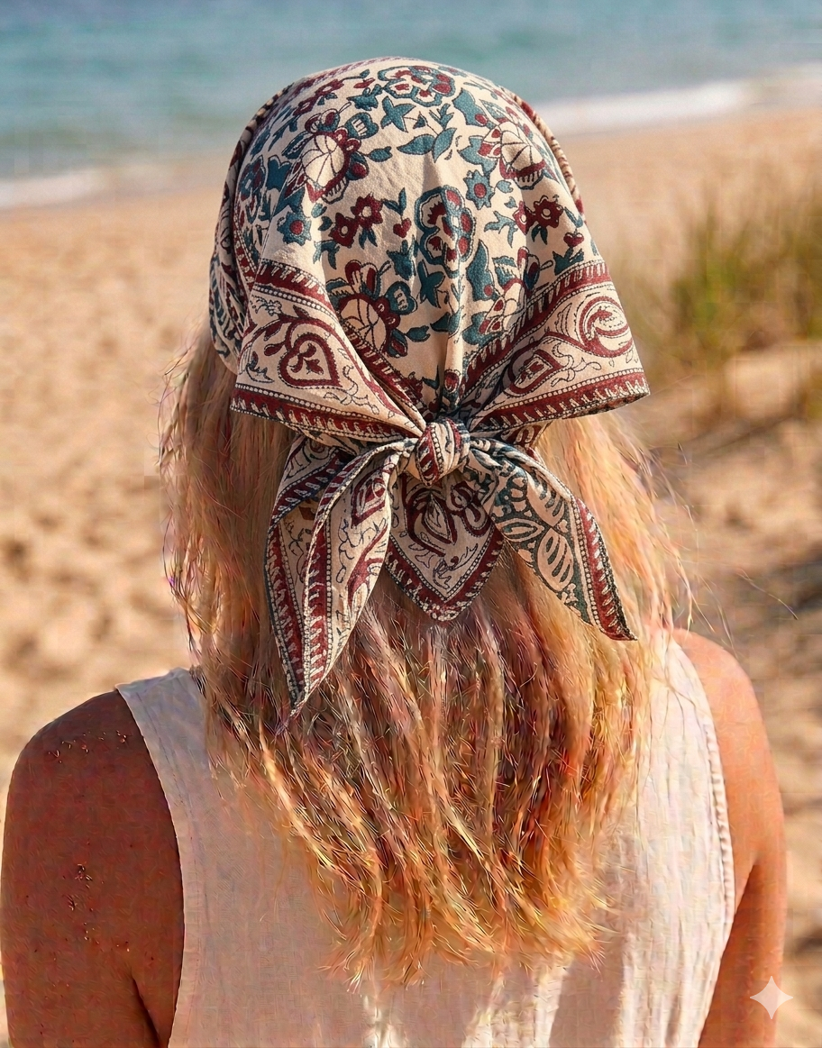 Sienna - Bandana in mussola di cotone 100% Block Print - variante rosso blu