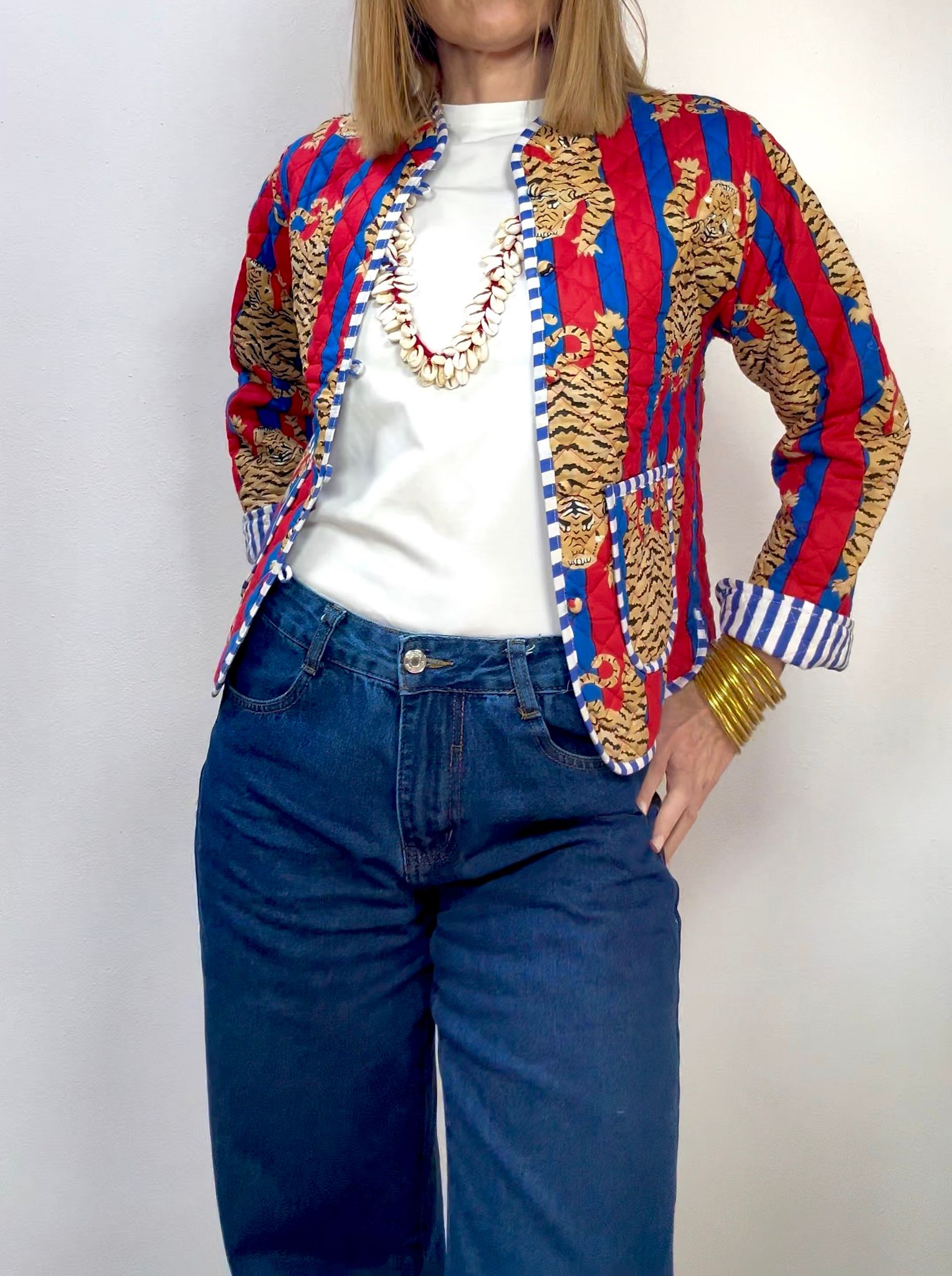 TIGRA – Giacca Trapuntata Reversibile in Cotone Blockprint con Stampa Tigri