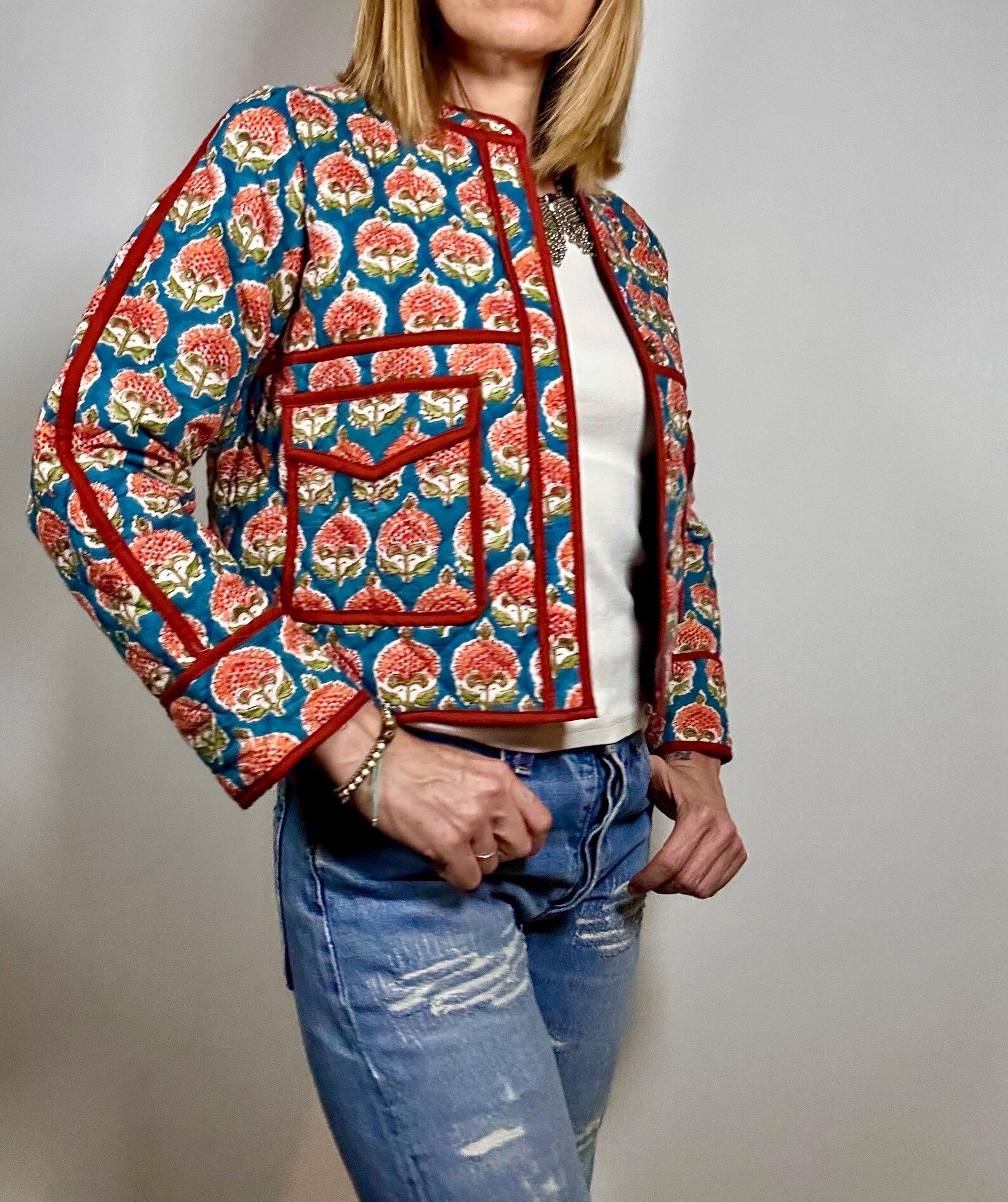 PEACOK JACKET – Giacca Boho Chic in Cotone Leggera, Trapuntata e Reversibile con Blockprint