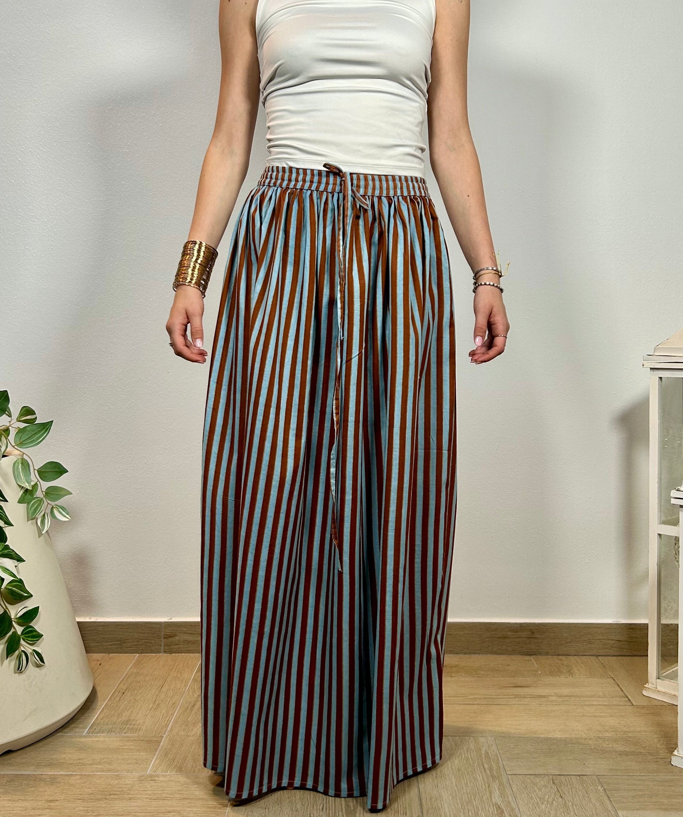 CANDY CHOCO - Gonna in 100% cotone Block Print  Azzurro Marrone