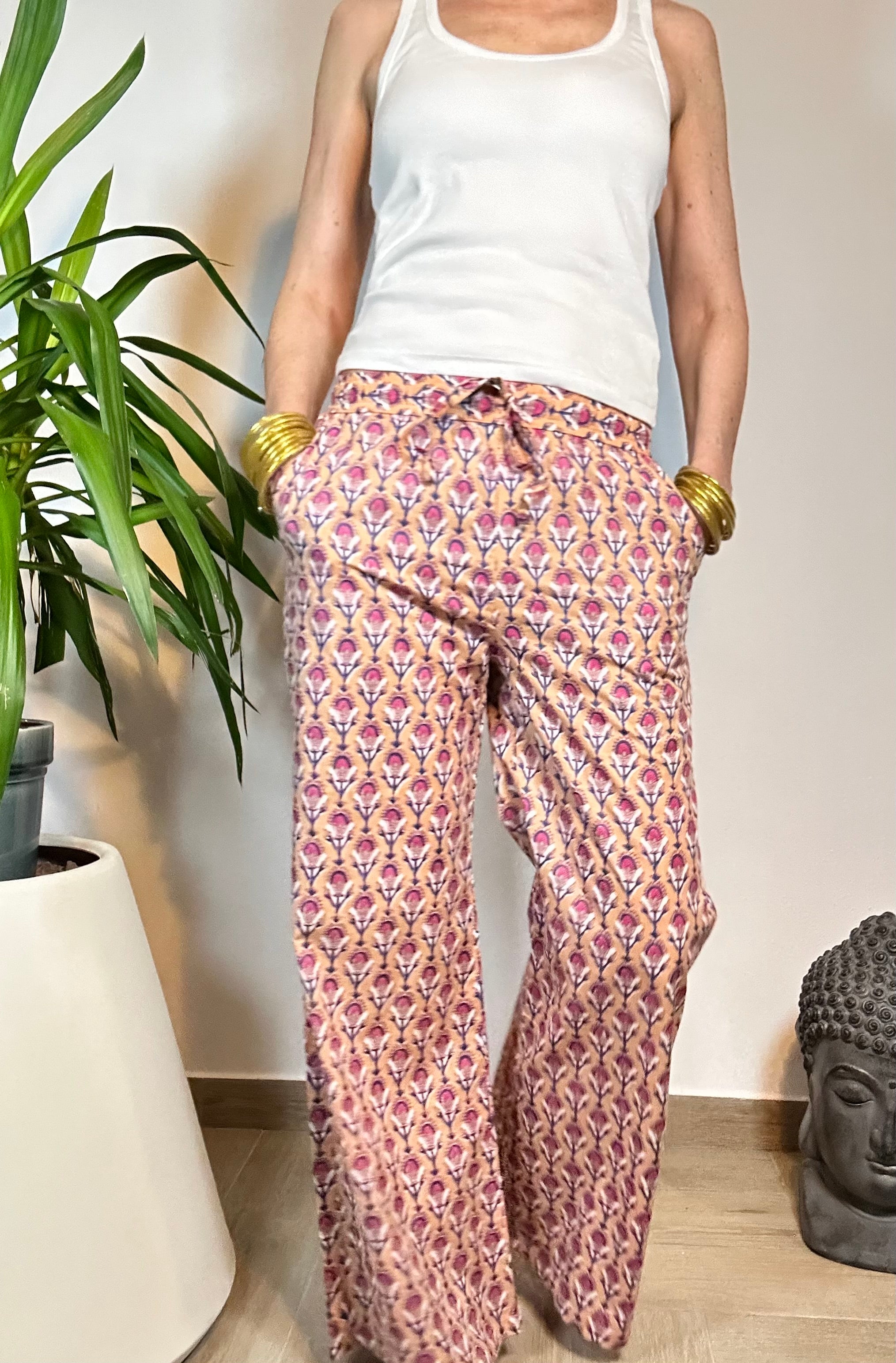 GOLDEN GARDEN - Pantaloni Palazzo 100% Cotone Stampati Block print