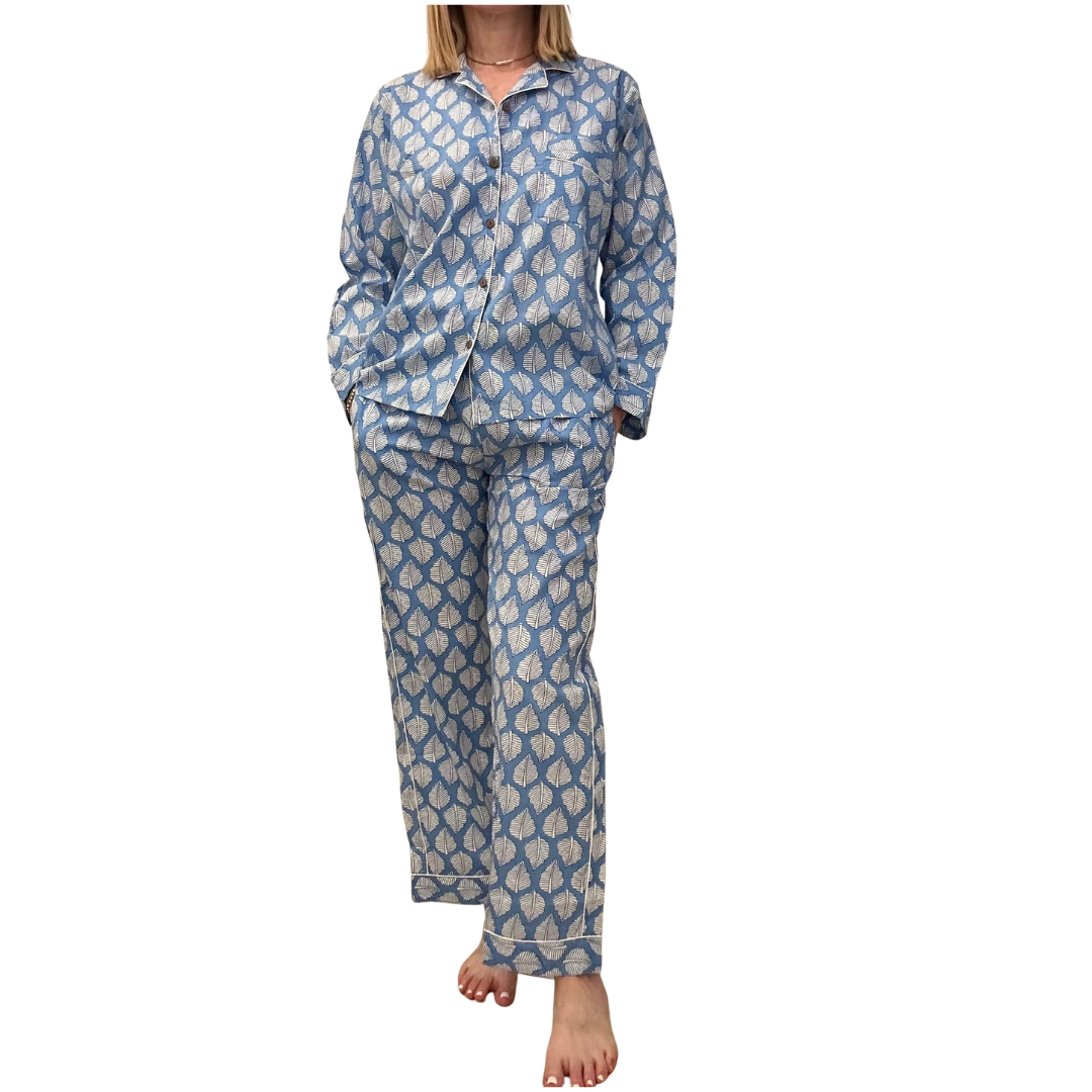 Jaipur Set – Completo 3 Pezzi in Cotone Block Print - foglie azzurre -