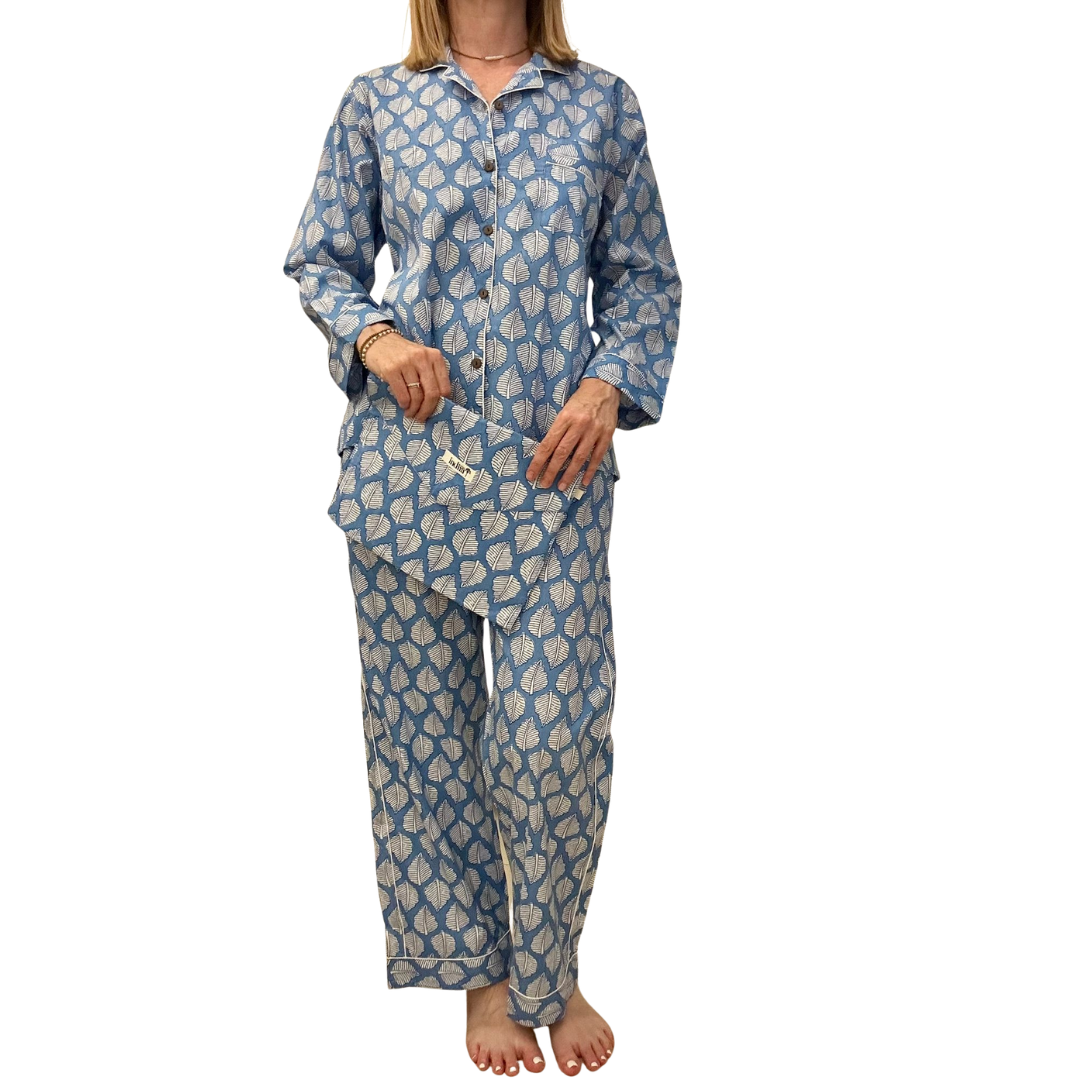 Jaipur Set – Completo 3 Pezzi in Cotone Block Print - foglie azzurre -