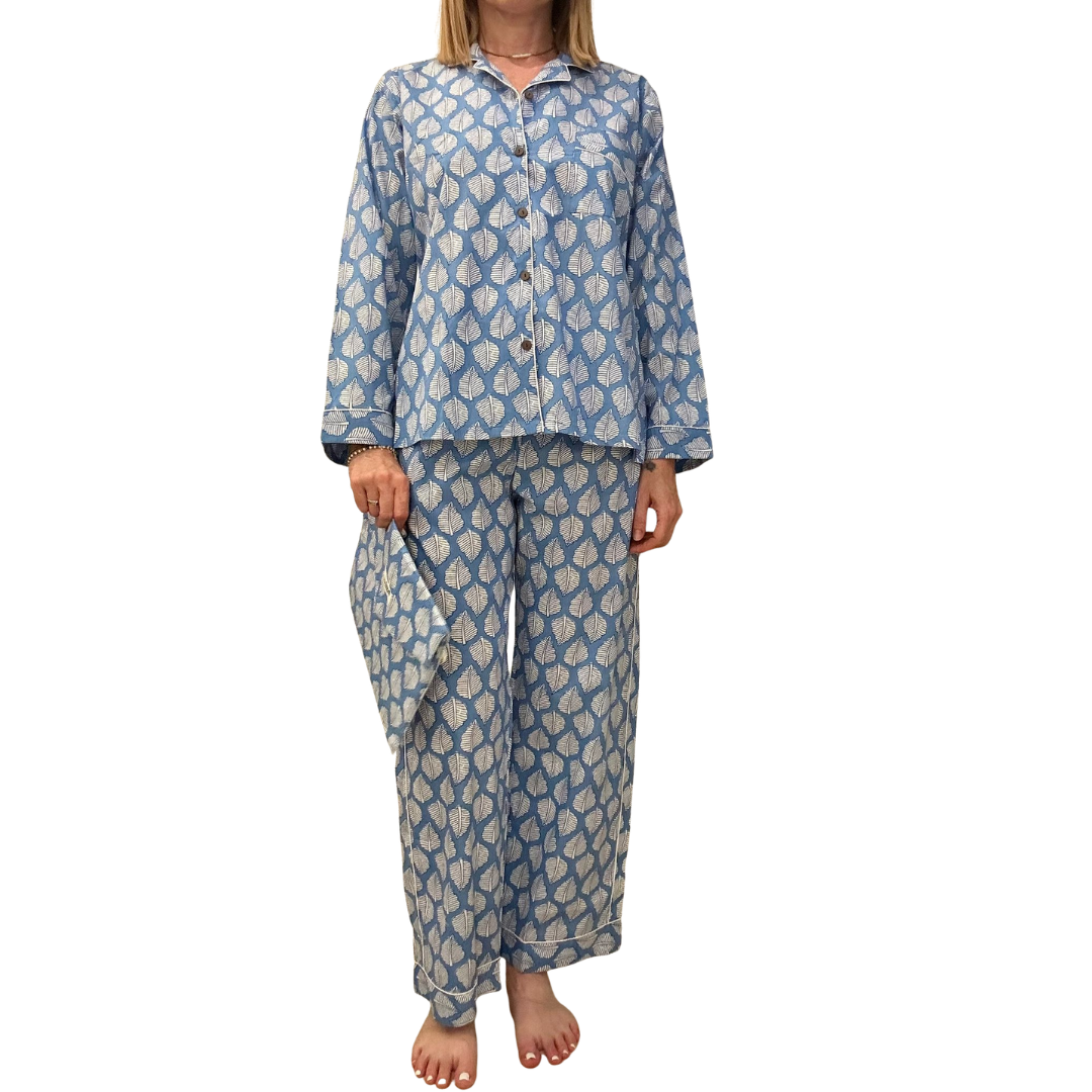 Jaipur Set – Completo 3 Pezzi in Cotone Block Print - foglie azzurre -