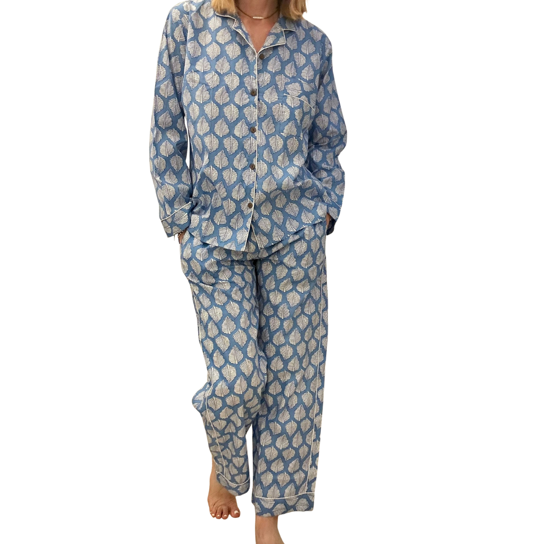 Jaipur Set – Completo 3 Pezzi in Cotone Block Print - foglie azzurre -