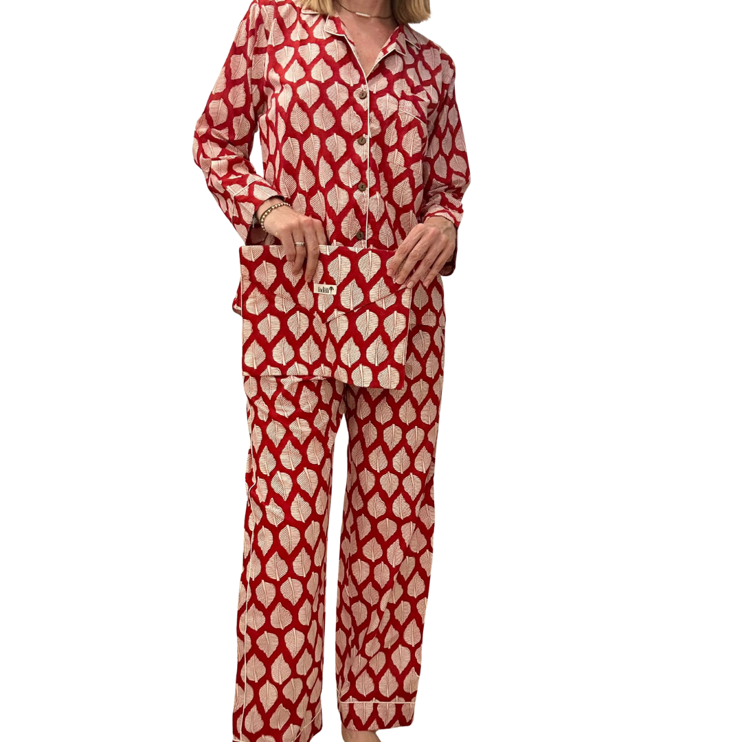 Jaipur Set – Completo 3 Pezzi in Cotone Block Print - foglie rosse .
