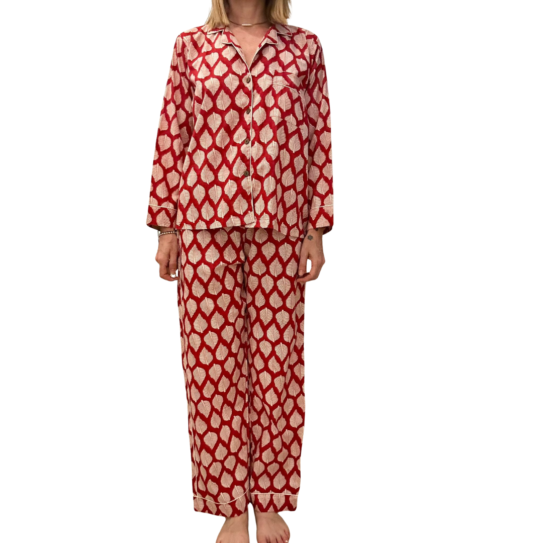 Jaipur Set – Completo 3 Pezzi in Cotone Block Print - foglie rosse .