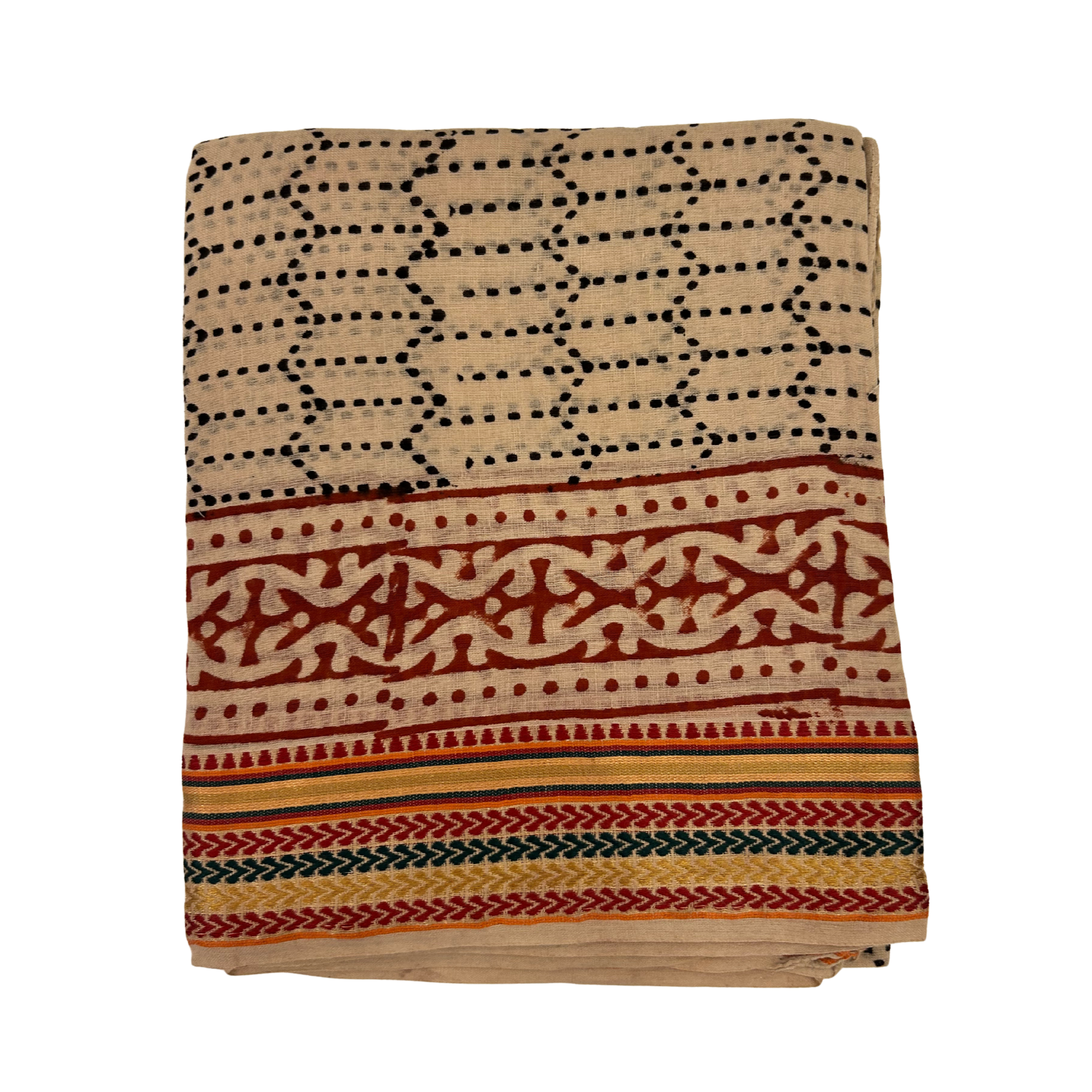 Pareo Sarong Artigianale – Block Print Geometrico con Bordo Zari | 110 × 170 cm - variante 92 -