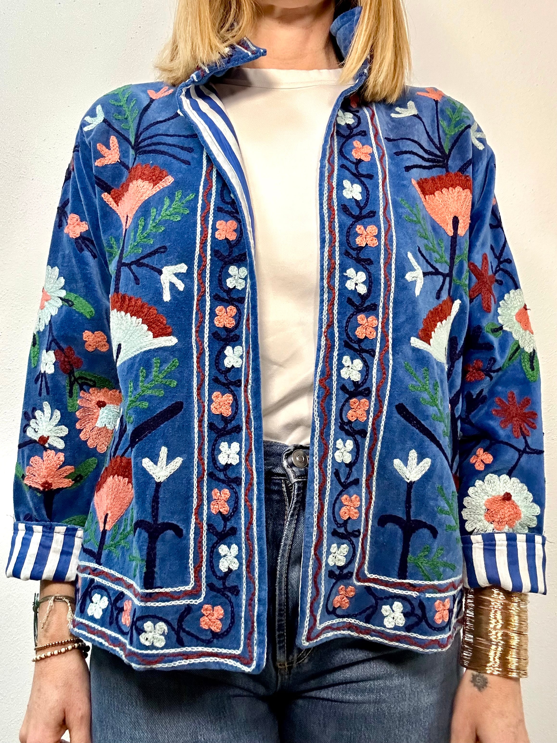 INDIGO - Giacca Indiana SUZANI Artigianale in Velluto Ricamato