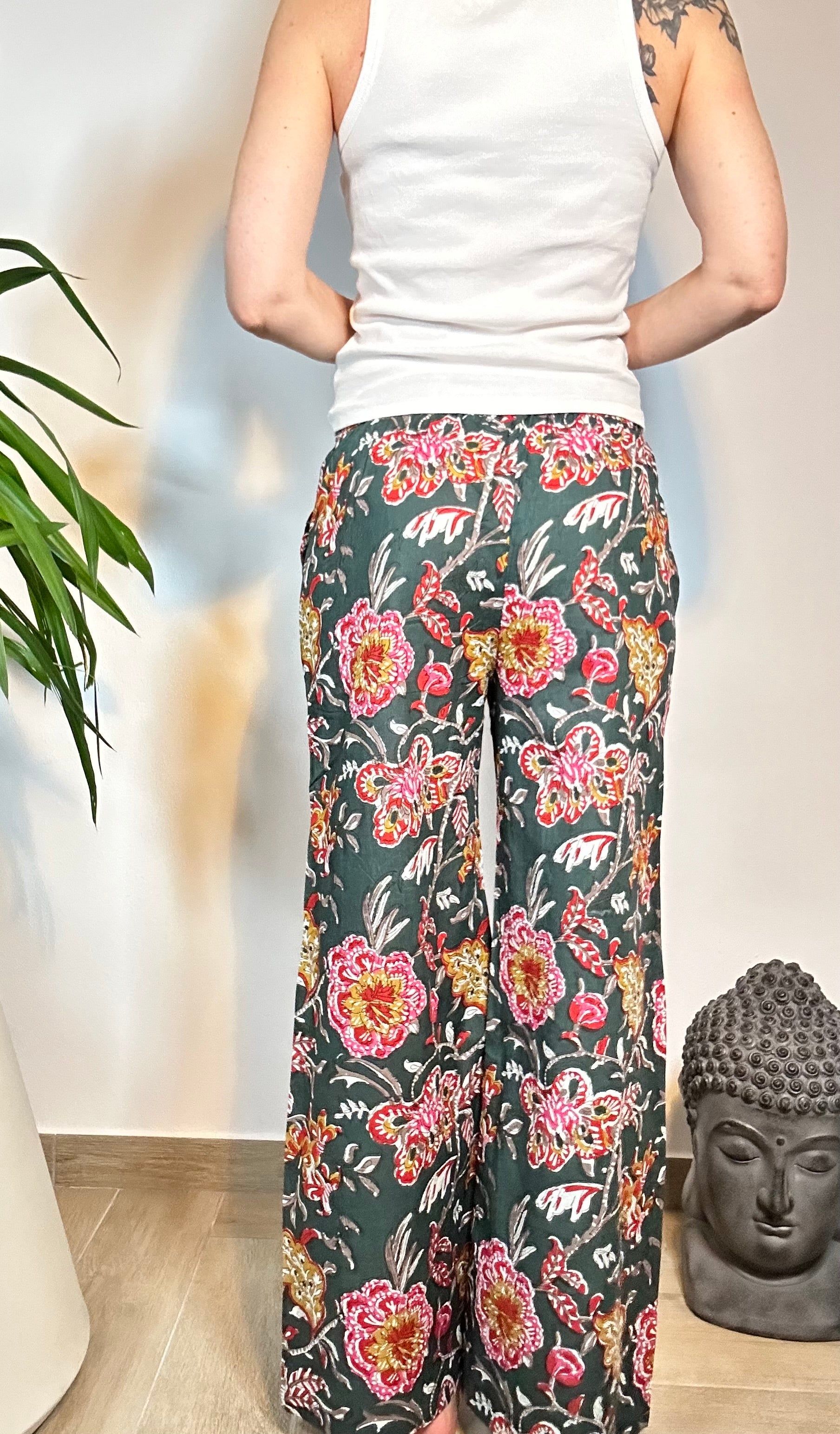 MIDNIGHT GARDEN - Pantaloni Palazzo 100% Cotone Stampati Block print