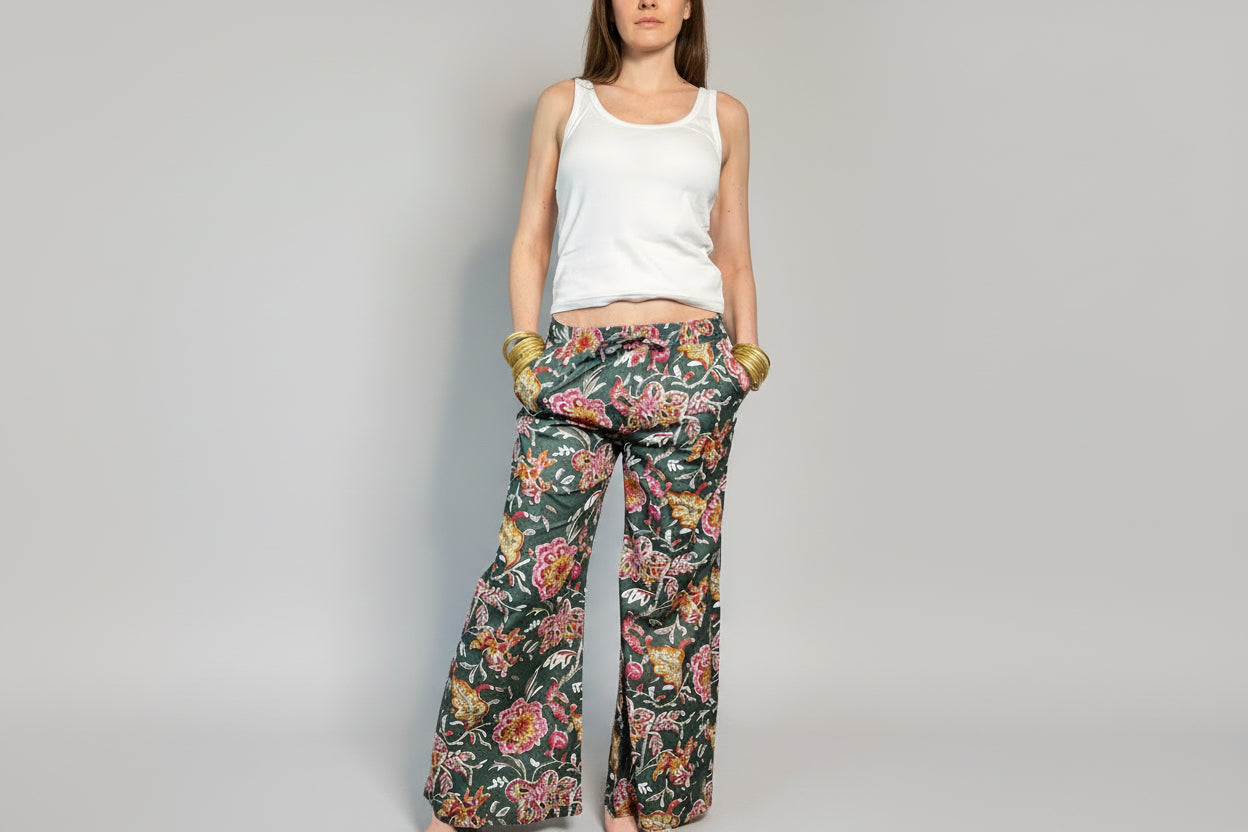 MIDNIGHT GARDEN - Pantaloni Palazzo 100% Cotone Stampati Block print