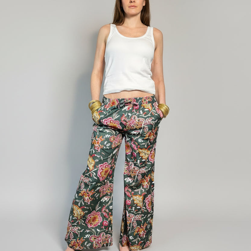 MIDNIGHT GARDEN - Pantaloni Palazzo 100% Cotone Stampati Block print