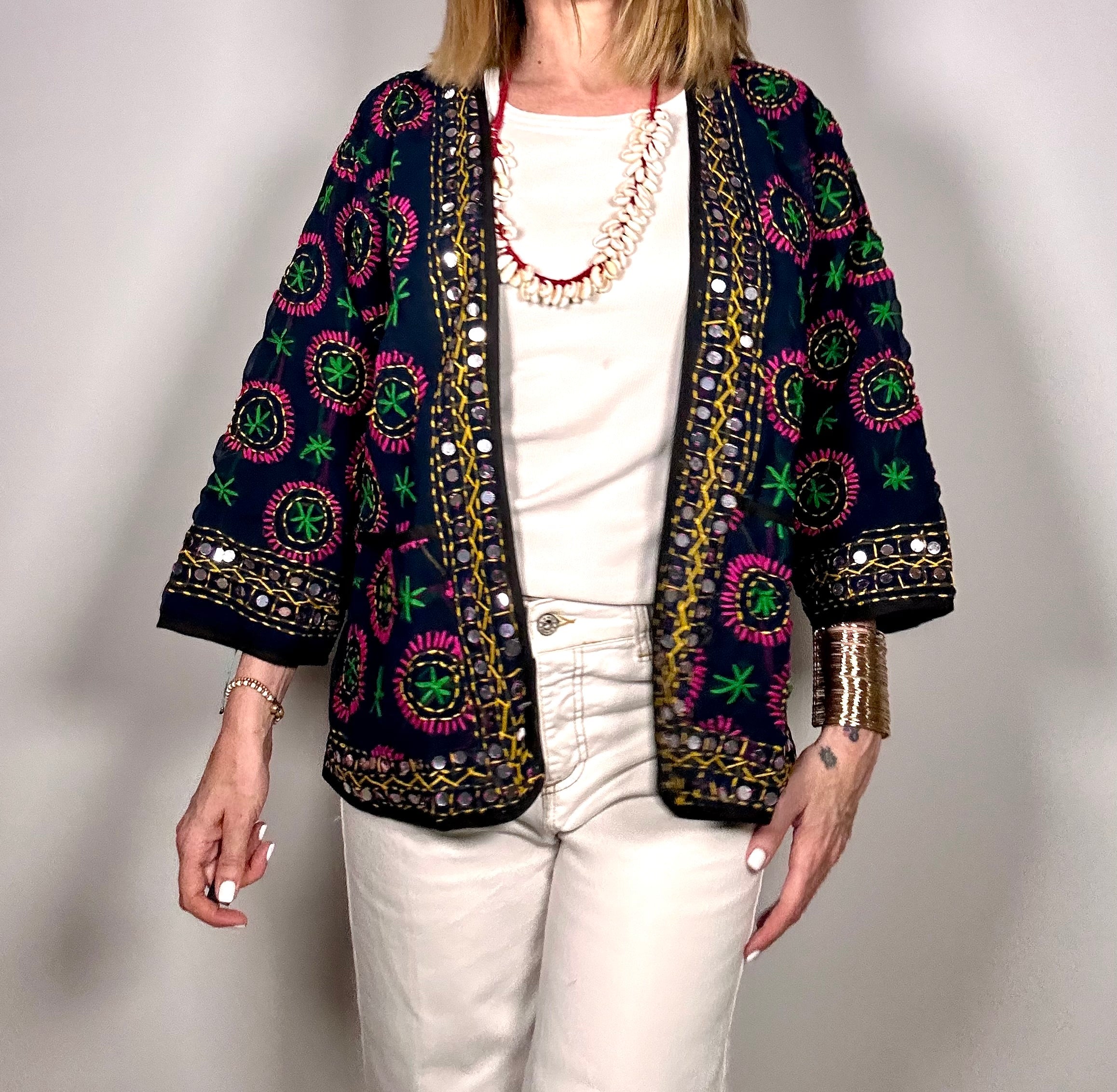 OFELIA - Kimono corto Phulkhari, ricamato  mano