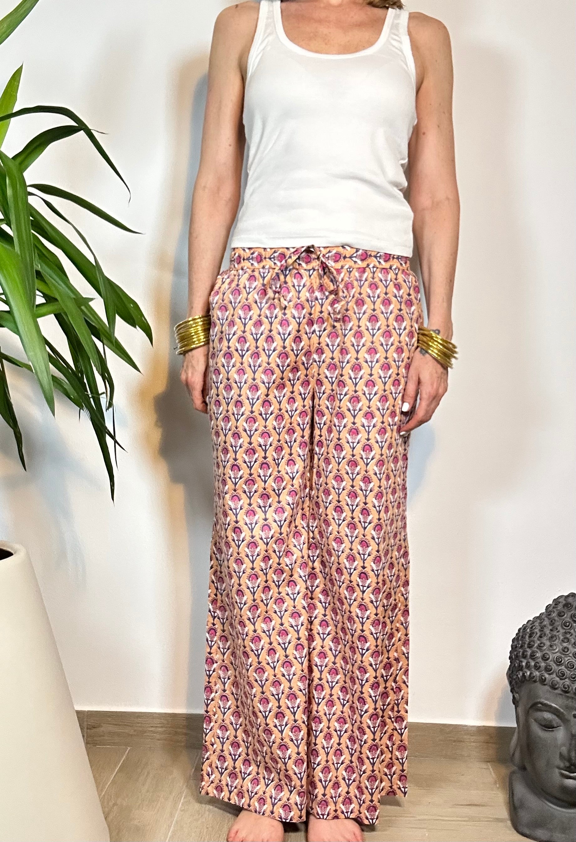 GOLDEN GARDEN - Pantaloni Palazzo 100% Cotone Stampati Block print