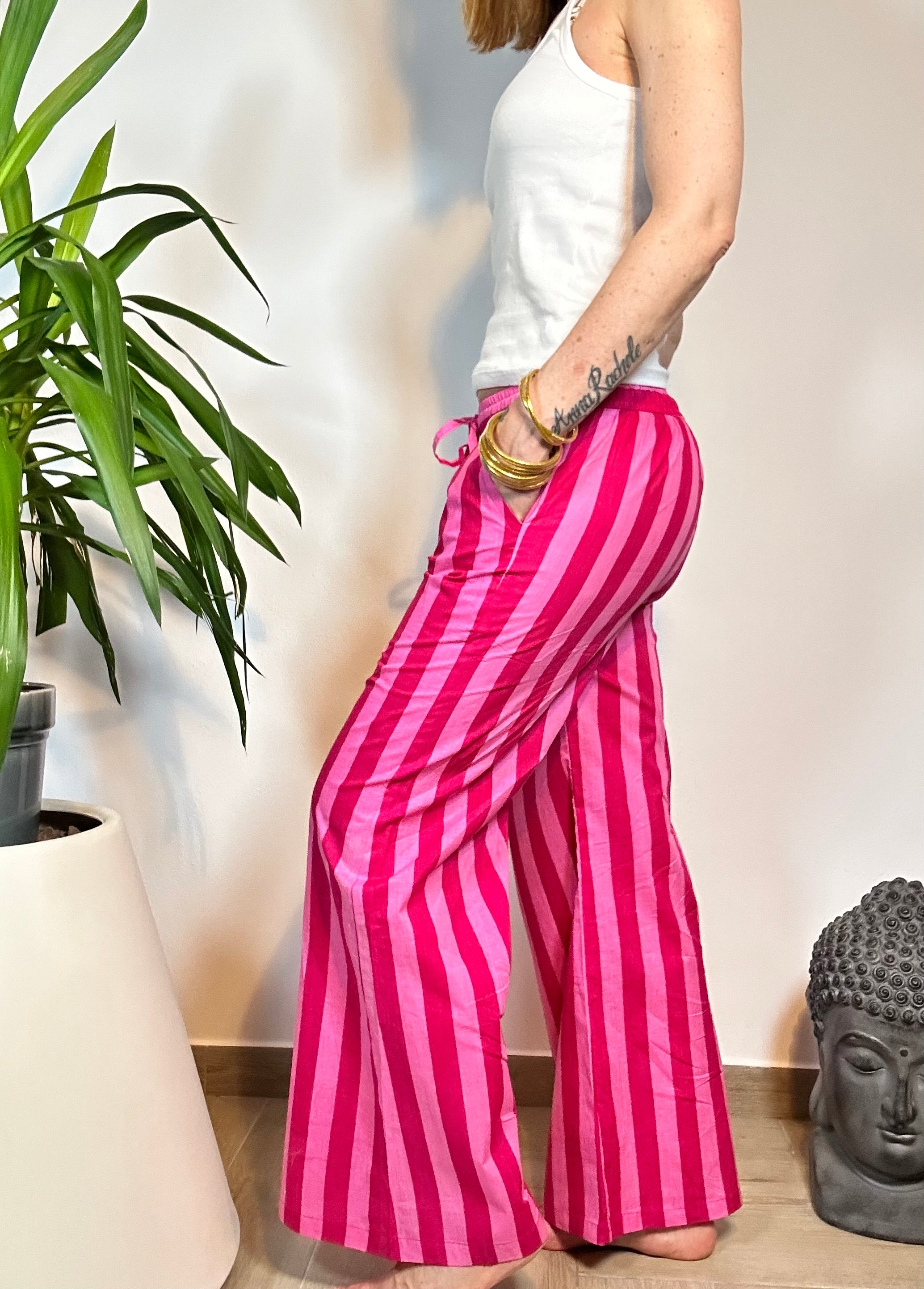 CANDY STRIPES - Pantaloni Palazzo 100% Cotone Stampati Block print