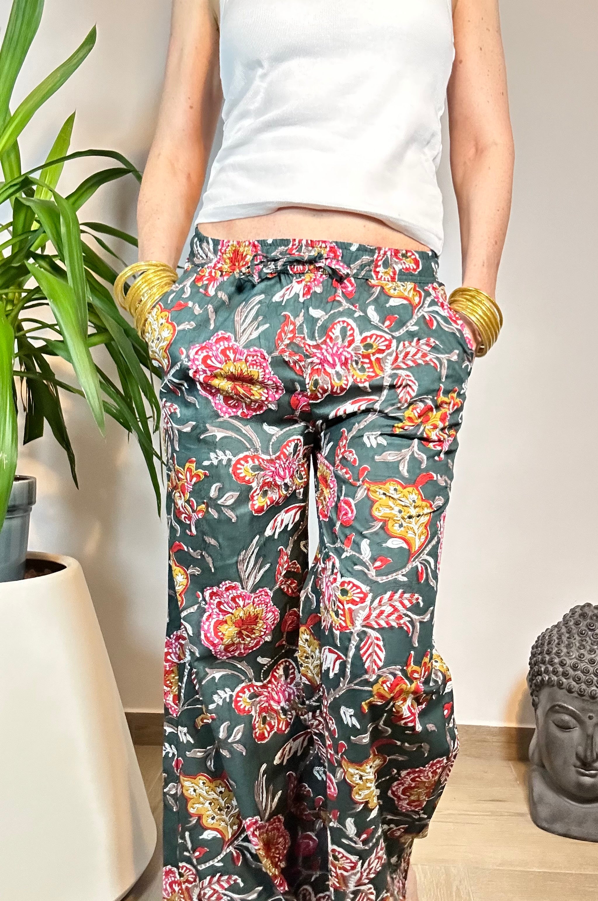 MIDNIGHT GARDEN - Pantaloni Palazzo 100% Cotone Stampati Block print