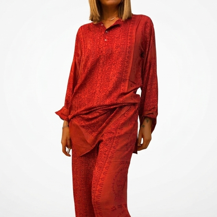 IBIZA - Blusa Artigianale in Rayon con Stampa Block Print - Bordeaux