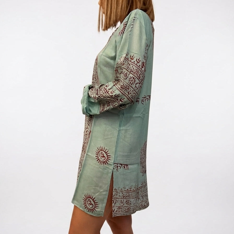 IBIZA - Blusa Artigianale in Rayon con Stampa Block Print - Acqua