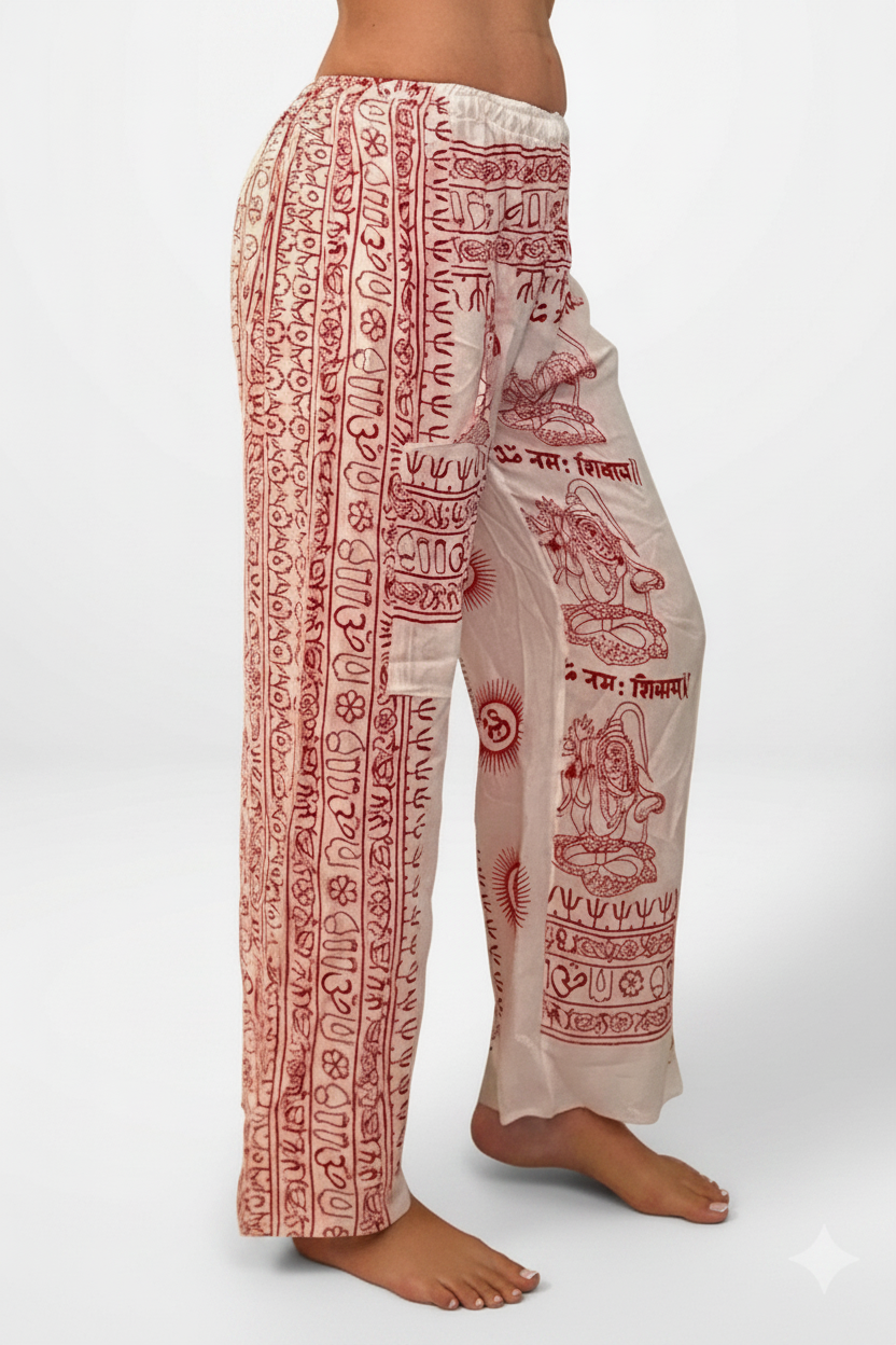 Pantalone Ibiza | Pantalone Donna in Rayon con Stampa Block Print Indiana – Taglia Unica BIANCO