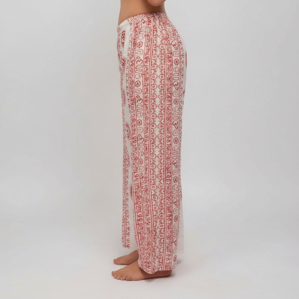 Pantalone Ibiza | Pantalone Donna in Rayon con Stampa Block Print Indiana – Taglia Unica BIANCO