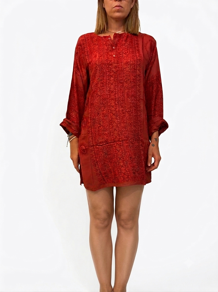 IBIZA - Blusa Artigianale in Rayon con Stampa Block Print - Bordeaux