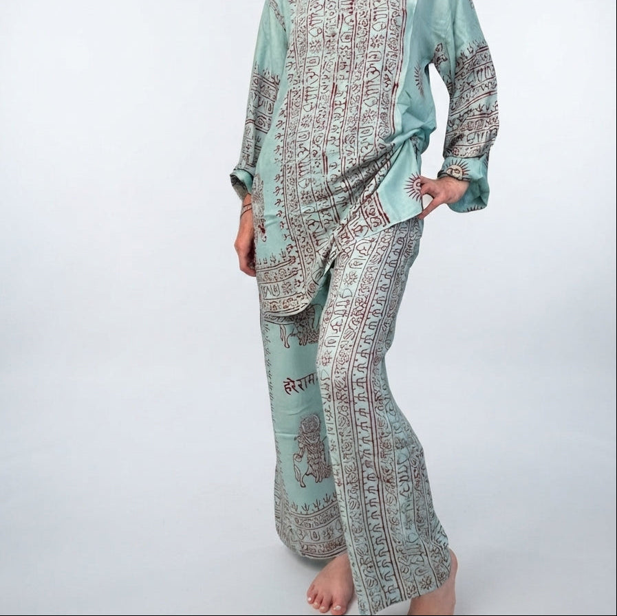 Pantalone Ibiza - Pantalone Donna in Rayon con Stampa Block Print Indiana – Taglia Unica acqua