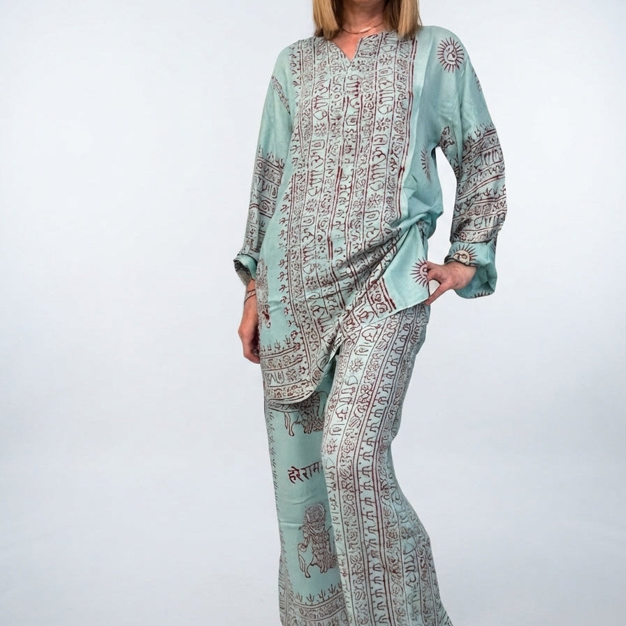 IBIZA - Blusa Artigianale in Rayon con Stampa Block Print - Acqua