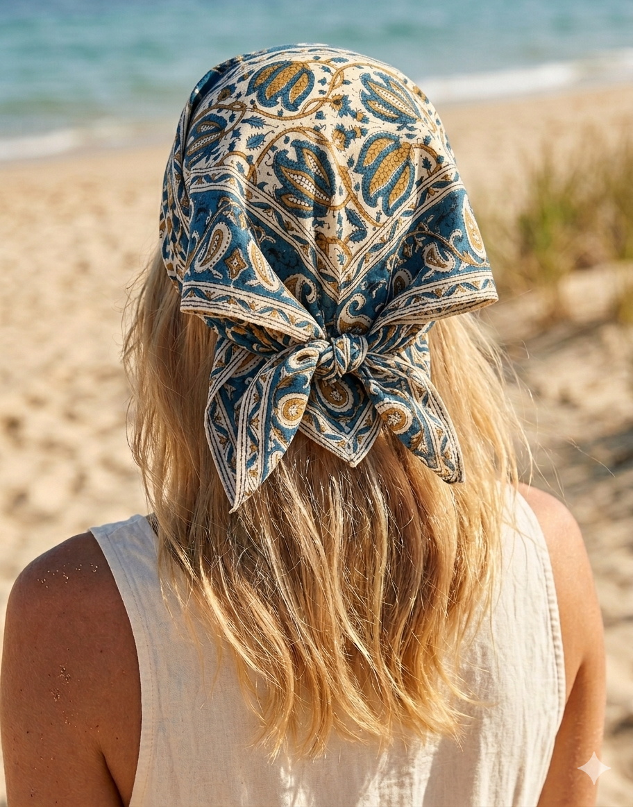 Sienna - Bandana in mussola di cotone 100% Block Print - variante blu senape