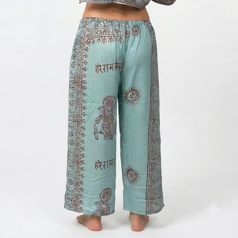 Pantalone Ibiza - Pantalone Donna in Rayon con Stampa Block Print Indiana – Taglia Unica acqua