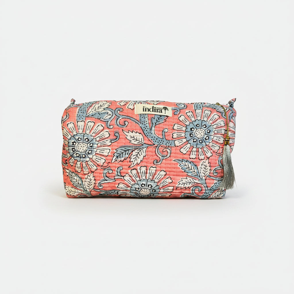 Pochette in cotone trapuntato  FIORI ROSA - dimensione MEDIUM