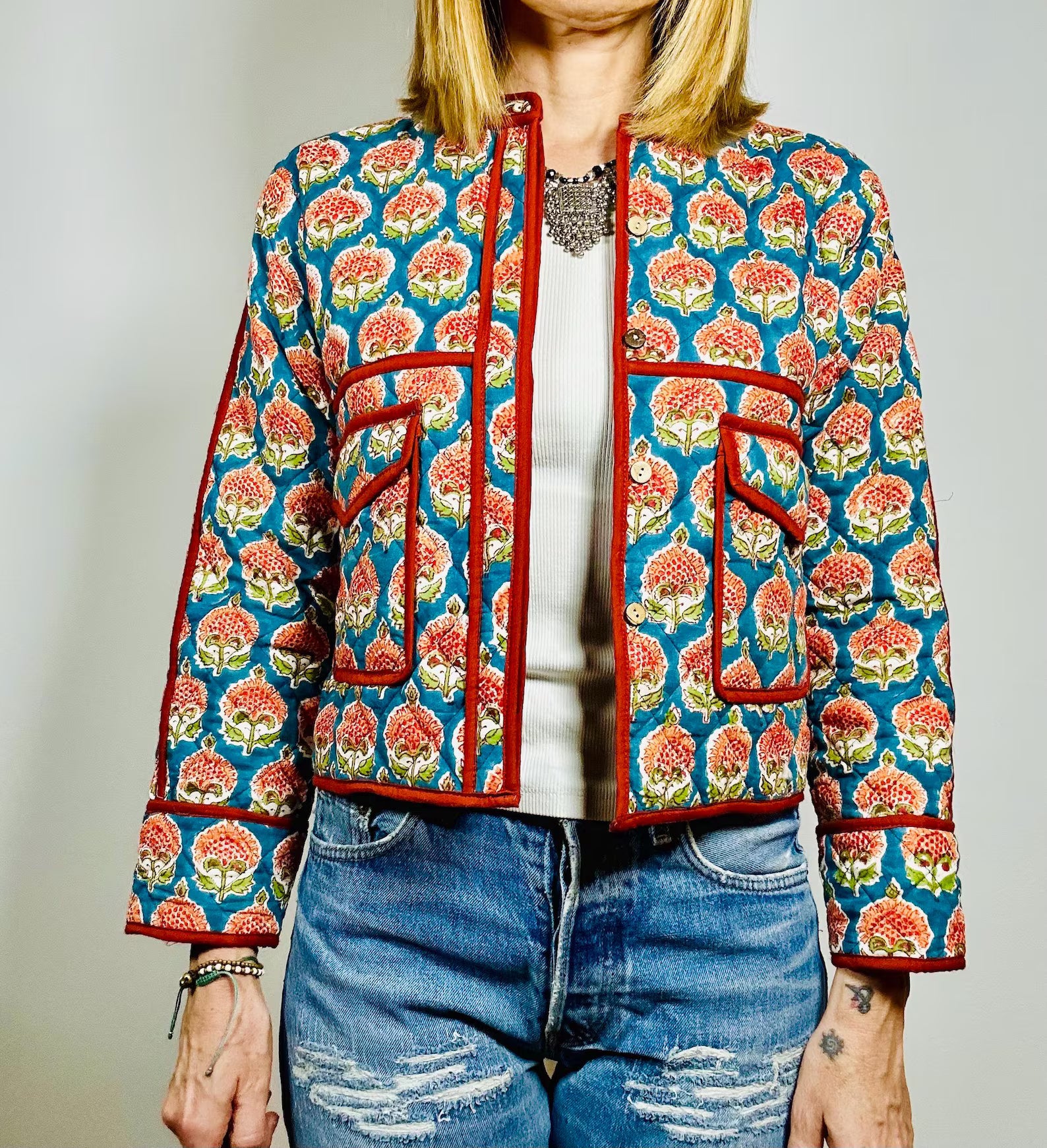 PEACOK JACKET – Giacca Boho Chic in Cotone Leggera, Trapuntata e Reversibile con Blockprint