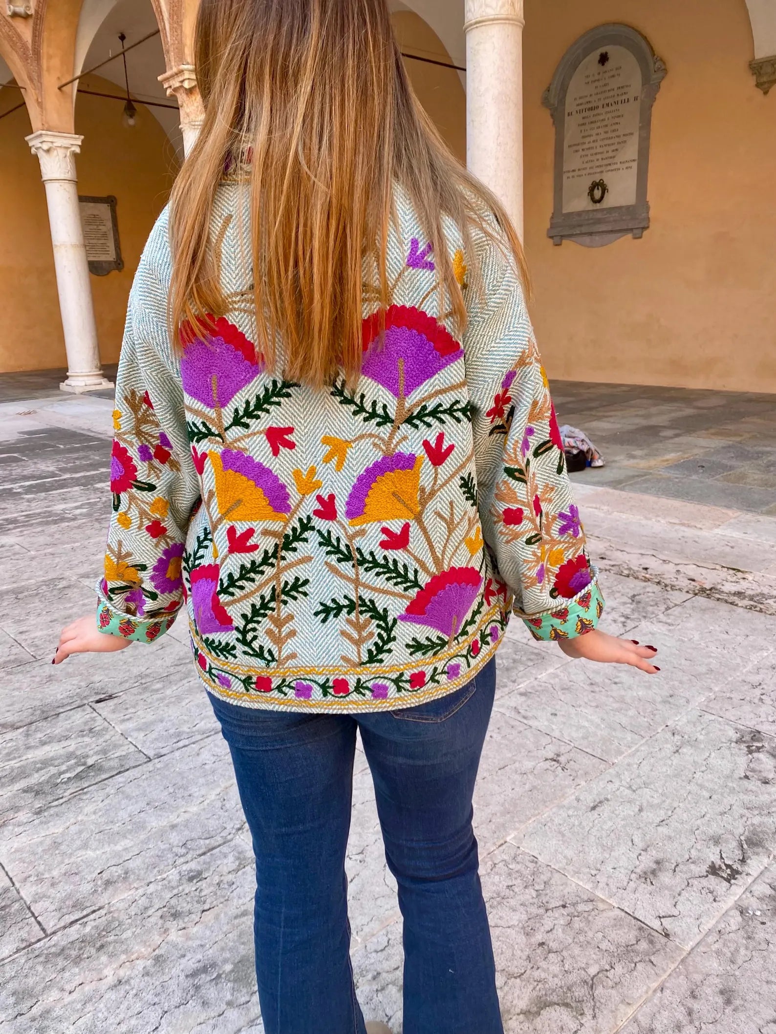 FOLKROSE - Giacca Folk Ricamata a Fiori – Boho Jacket Donna, Artigianale Colorata Verde/Fuxia