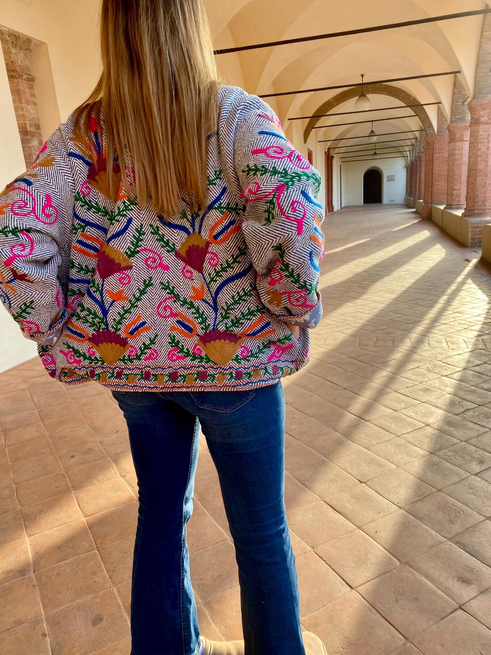 FOLKROSE - Giacca Folk Ricamata a Fiori – Boho Jacket Donna, Artigianale Vinaccia/Senape